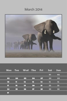 Colorful english calendar for march 2014 - elephants in a row by foggy day, 3D render
