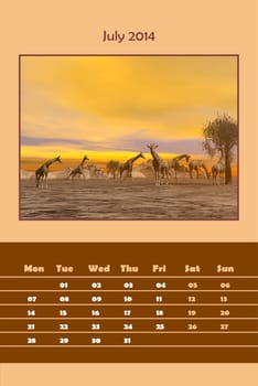 Colorful english calendar for july 2014 - giraffes in the savannah, 3D render