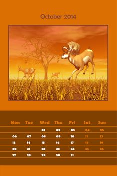 Colorful english calendar for october 2014 - lionness hunting pronghorn antelope, 3D render