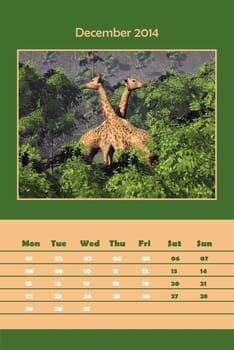 Colorful english calendar for december 2014 - two giraffes among green vegetation, 3D render