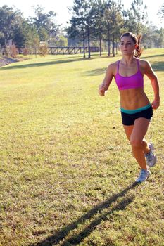 A lovely young athlete with remarkable abdominal musculature jogging outdoors.  Generous copyspace.