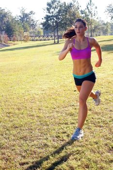 A lovely young athlete with remarkable abdominal musculature jogging outdoors.  Generous copyspace.