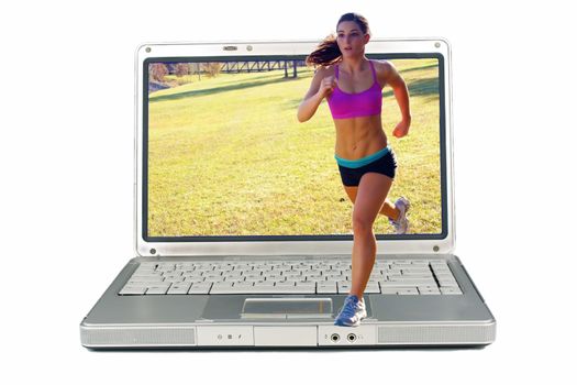 A lovely young athlete with remarkable abdominal musculature jogging outdoors and out of a laptop computer screen.  Generous copyspace.