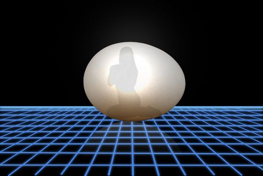A glowing egg showing the silhouette of a female inside it on a futuristic grid floor.