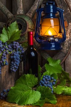 Bottle of red wine with grapes on a background of a kerosene lamp
