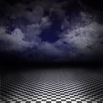 Empty, dark, psychedelic artistic image with black and white checker floor on the ground and ray of light in cloudy, dark denim blue sky. Gothic, drama background for poster or wonderland image.