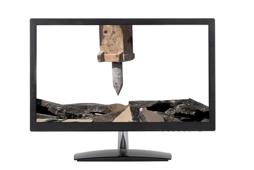 computer monitor Vs. jackhammer arm isolated on white background