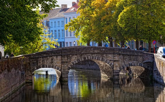 Classic view of channels of Bruges. Belgium. Medieval fairytale city.