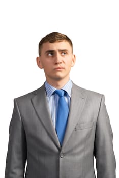 portrait of a young businessman thinking and looking up on gray background, isolated on white background