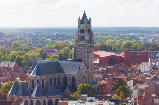 Top view to Bruges and the cathedral St. Sauveur, the oldest brick church of Belgium