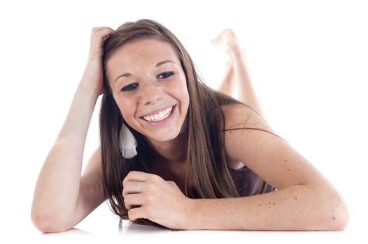 happy teenager in front of white background