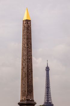 Egyptian Obelisk of Luxor and Eiffel Tower, View from the Place de la Concorde in Paris, France