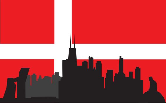 Copenhagen skyline with denmark flag