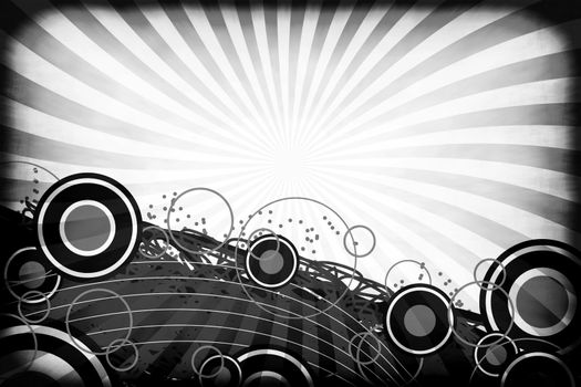 A graphical layout with circles and retro art elements over a grungy radiating rays background in black and white.
