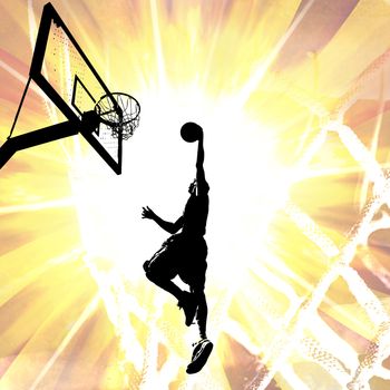 Silhouette illustration of an athlete slam dunking a basketball over a fiery background.