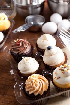 Close up of some decadent gourmet cupcakes frosted with a variety of frosting flavors. Shallow depth of field.