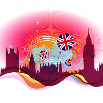 Abstract background London silhouette with flag and curves