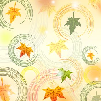 background with illustrated autumn leaves with abstract circles