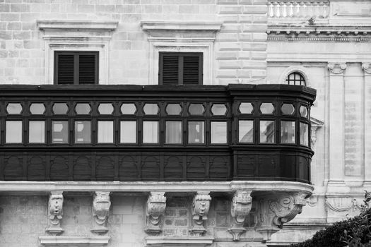 The wooden enclosed balcony of the Grandmaster's Palace in Valletta, Malta.