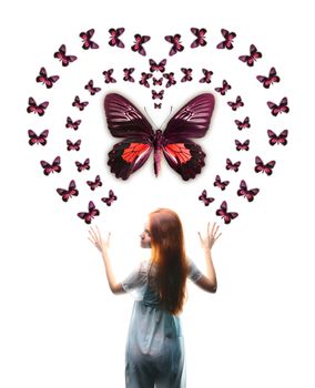 Girl and big red butterfly heart