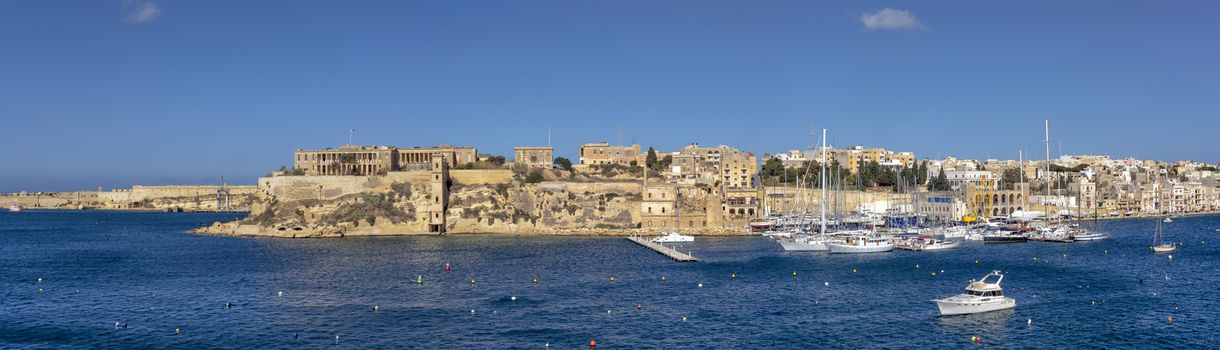 Kalkara Point, with the old Bighi Hospital and lift, as seen from Vittoriosa
