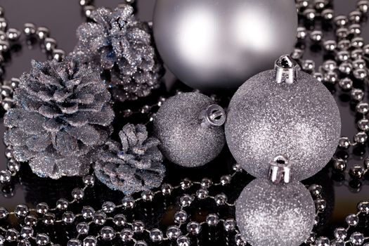 christmas decoration in grey silver glamour on black background