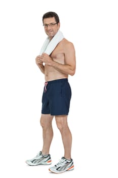 mature sporty man with towel fittness sport health isolated on white
