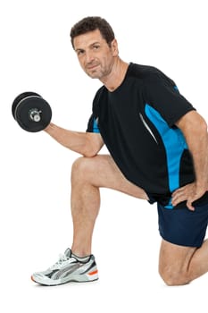 adult attractive man with iron dumbbell sport fitness isolated on white