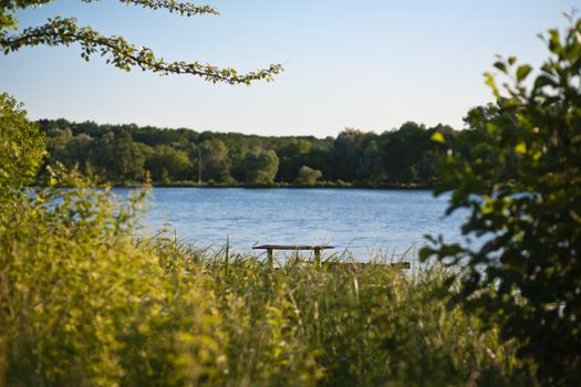 Landscape with a bench by the river near the water