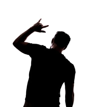 Man rocking on in silhouette isolated over white background