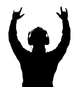 Man rocking on with headphones in silhouette isolated over white background