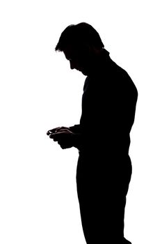 Man texting with two hands in silhouette isolated over white background