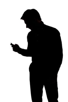 Man texting with one hand in silhouette isolated over white background