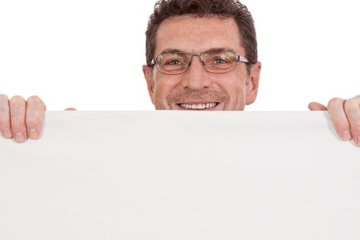 mature smiling businessman holding billboard copyspace isolated on white
