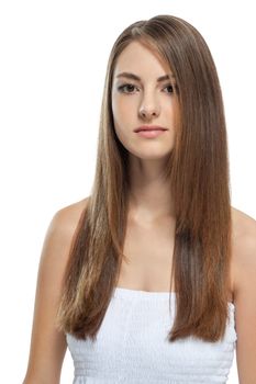 beautiful bruntte woman with straight long hair isolated on white background 