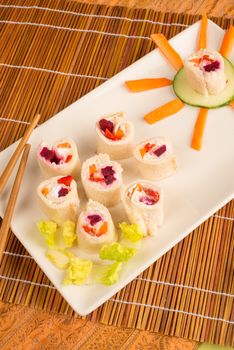 Vegetable sandwiches disguised as sushi, kid food