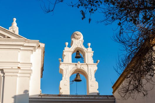 Bells on a white church in Recoleta neighborhood of Buenos Aires, Argentina