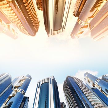 Bottom view of modern skyscraper. Business district