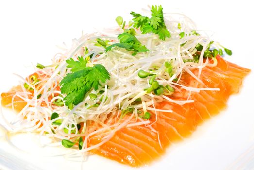 Salmon seshimi,traditional japanese food, on white plate