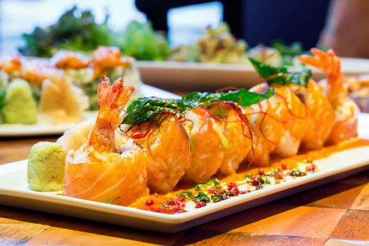 Spicy Sushi salmon Roll with Shrimps,  Japanese Cuisine