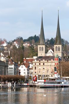 Church with cityscape and lake in Lucern Switzerland