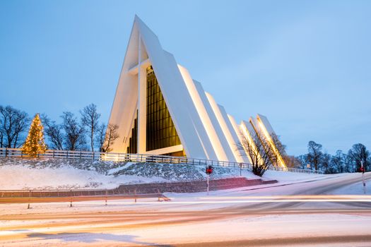 Tromso Arctic Cathedral Church in Norway at dusk twilight