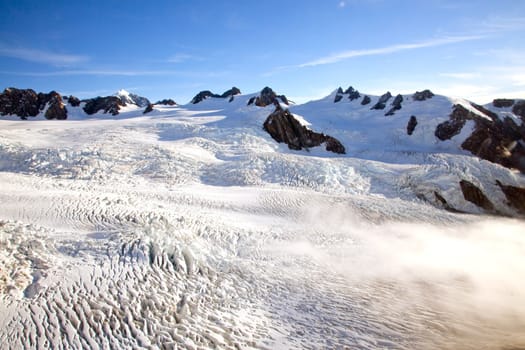 Aerial view of winter landscape at Mountain Cook National Park New Zealand from Helicopter