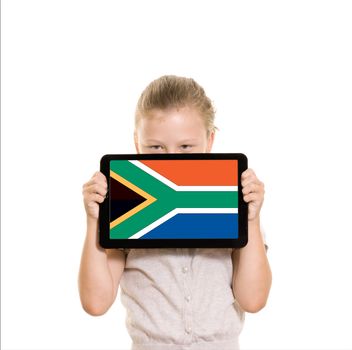 Girl holding tablet pc displaying flag of South Africa