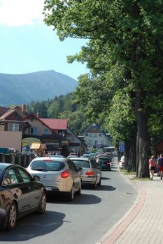 Traffic jam in Karpacz city in Karkonosze mountains Poland