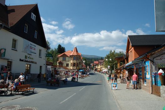 Main street in Karpacz city in Karkonosze mountains Poland