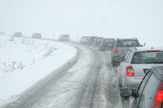 Traffic jam on mountain road caused by heavy snowfall on 03.05.2011 nearby Jelenia G�ra Poland