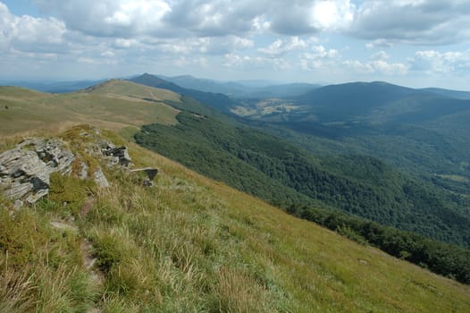 Rock on trail in Bieszczady mountains in Poland