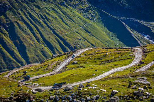 Road in Himalayas. Rohtang La pass, Lahaul valley, Himachal Pradesh, India