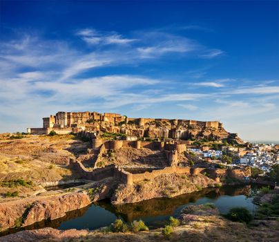 Mehrangarh Fort and Padamsar Talab and Ranisar Talab lakes , Jodhpur, Rajasthan, India